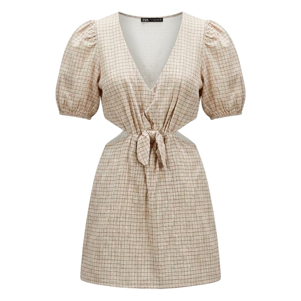ZARA Cut Out Mini Dress M Plaid Cotton Linen Cottagecore Picnic Boho Puff Sleeve